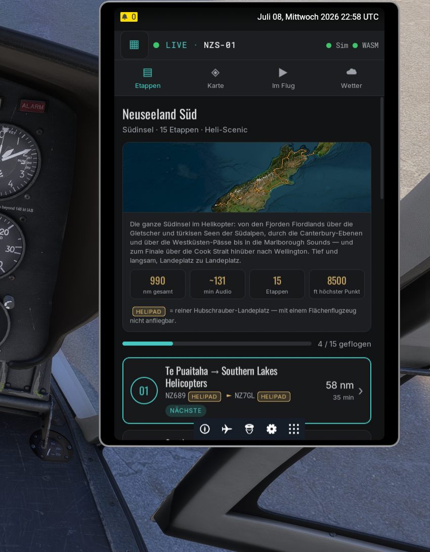 TNS Tours im Cockpit-EFB: Etappen-Ansicht der Tour Neuseeland Süd